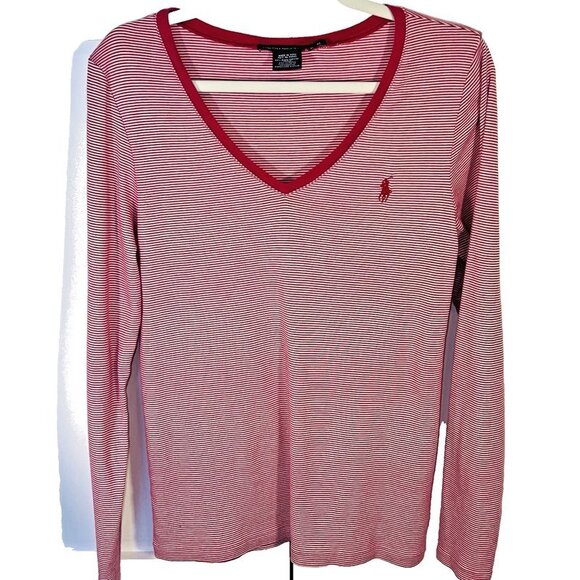 Ralph Lauren Sport Long Sleeve Tee Shirt Women's XL Pink White Pinstriped V-Neck - Picture 8 of 13